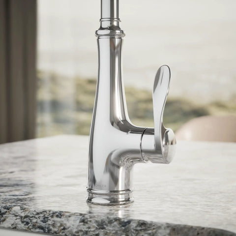 Bellera Bar Sink Faucet With High Arc Swing Spout And 360-Degree Rotation, polished chrome, installed on marble countertop