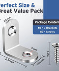 Top Shelf Stainless Steel L Brackets Corner Braces Heavy Duty Metal Reinforcement Set With Forty Pieces And Screws displaying 1 L bracket and screws with size measurements.