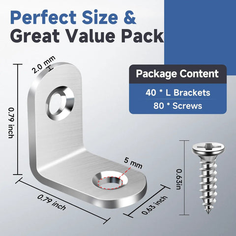 Top Shelf Stainless Steel L Brackets Corner Braces Heavy Duty Metal Reinforcement Set With Forty Pieces And Screws displaying 1 L bracket and screws with size measurements.
