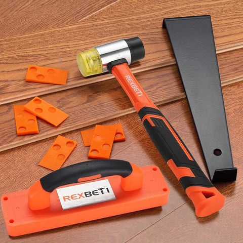 Pro Grade Fiberglass Mallet With Non Slip Rubber Grip For LVP Vinyl Flooring Installation Kit, 40 mm Double Face Rubber Head Delivers Softer Strikes And Vibration Dampening, Durable Handle Won't Bend Or Head Come Off. fiberglass flooring mallet with spacers and pull bar on wood floor