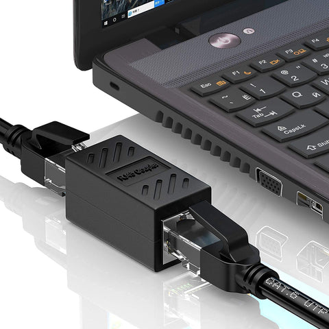 2 Pack Gigabit RJ45 In-Line Ethernet Couplers Female To Female Extender Adapters For Cat5e To Cat8 Cabling connected to a laptop