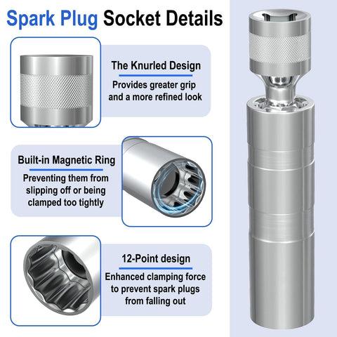 14mm And 16mm Spark Plug Socket Set Thin Wall Three-Eighths Inch Drive 12-Point Magnetic Swivel Sockets with detailed design features