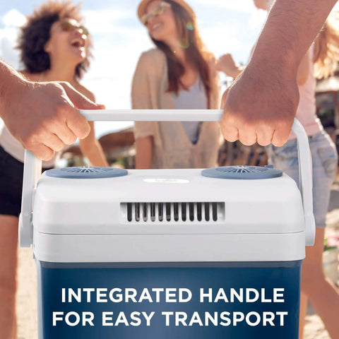 Portable Electric Cooler And Warmer With Rugged Carry Handle, Thermoelectric Camp Fridge with integrated handle for transport.