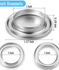 Top view of metal 1 inch grommets and eyelets kit with washers, shown with dimensions, part of the 25 Sets 1 Inch Grommets And Eyelets Kit With Washers Self Backing For Leather Tarp Clothes Canvas Curtain Grommets With Holes Durable Heavy Duty Metal Fasteners.