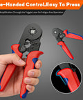 All In One Ferrule Crimping Tool Kit With Self Adjusting Ratchet Plier in hand showing red and blue handle details