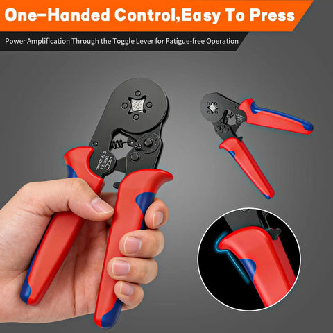 All In One Ferrule Crimping Tool Kit With Self Adjusting Ratchet Plier in hand showing red and blue handle details