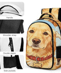 Bone Tag Golden Dog Printed Backpack For Unisex, showing front view with features like double zipper and side pockets.
