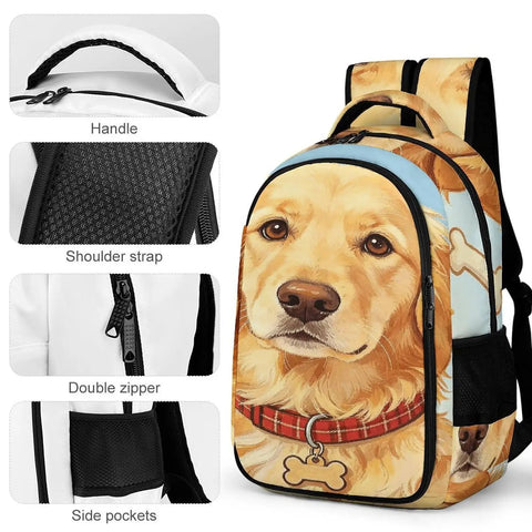Bone Tag Golden Dog Printed Backpack For Unisex, showing front view with features like double zipper and side pockets.