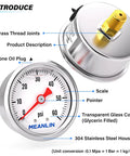 Stainless Steel Liquid Filled Pressure Gauge 0 to 60 Psi 1.5 Inch Dial 1 8 NPT Back Mount Glycerin Filled with Brass Thread Joints
