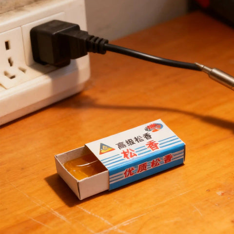Rosin Flux Soldering Paste Dope 10 Piece High Purity Cream with packaging on wooden table near power outlet