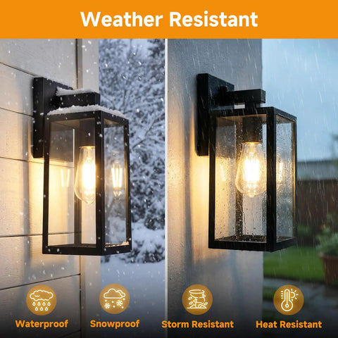 Built Like A Tank Dusk To Dawn Outdoor Wall Light 13 Inch Waterproof Sconce With Smart Sensor, shown in snow and rain.
