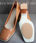 Six Pairs (Twelve Pieces) Non Slip Shoe Sole Pads With Self Adhesive Rubber Grips For Front Sole And Heel, installed on shoes.