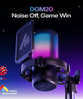 USB Gaming Microphone With Noise Cancellation One Click Mute Gain Control Real Time Monitoring Boom Arm Slick For Streaming Podcast Twitch YouTube Discord On PC PS4 PS5 And Mac, featuring RGB lighting and pop filter, side view.