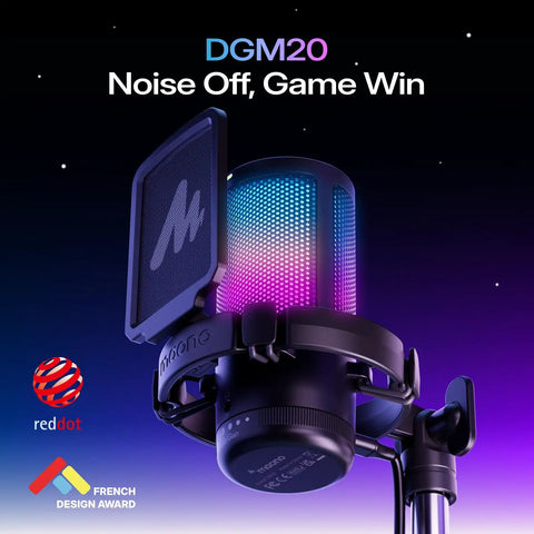 USB Gaming Microphone With Noise Cancellation One Click Mute Gain Control Real Time Monitoring Boom Arm Slick For Streaming Podcast Twitch YouTube Discord On PC PS4 PS5 And Mac, featuring RGB lighting and pop filter, side view.