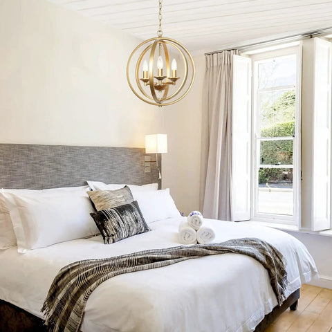 Bedroom with Gold Orb Three Light Chandelier With Adjustable Ring Orbits Modern Globe Hanging Lights Fixture