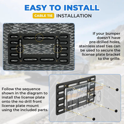 Installation guide for Heavy Duty Universal Front License Plate Bracket Mount No Sweat Setup For Standard Twelve By Six Inch US Plates.