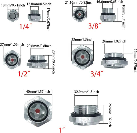 5 Pack Aluminum Oil Sight Glass Kit With One Quarter Inch, One Half Inch, Three Quarter Inch, Three Eighth Inch, And One Inch Male Threads, clear level indicators