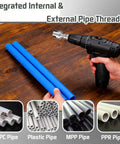 Premium 2-Piece PVC Pipe Threading Tool Kit For 1/2 And 3/4 Inch Pipes shown with blue pipes and a drill for threading.
