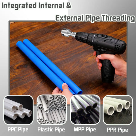 Premium 2-Piece PVC Pipe Threading Tool Kit For 1/2 And 3/4 Inch Pipes shown with blue pipes and a drill for threading.