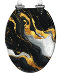 Toilet Seat Replacement Slow Close Elongated for Bathroom, black and gold marbled design, durable resin material.