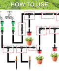 Installation diagram for Drip Irrigation Fittings Kit 120 Piece with Barbed Connectors, showing connections for 1/4 inch tubing.
