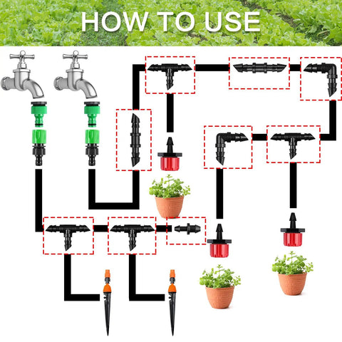 Installation diagram for Drip Irrigation Fittings Kit 120 Piece with Barbed Connectors, showing connections for 1/4 inch tubing.