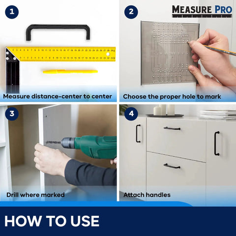 Easy Install Cabinet Door And Drawer Hardware Template Kit For Standard Cabinets In The Kitchen usage steps shown.