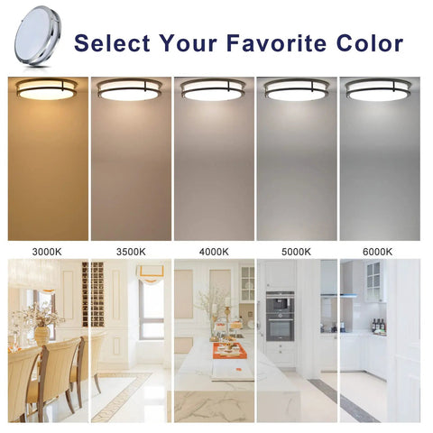 Arcfox 16 Inch 36W LED Flush Mount Ceiling Light With 1550 Lumen Output Dimmable, showing 5 color temperatures 3000K to 6000K.