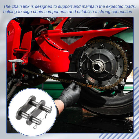 Durable Three Piece Manganese Steel ANSI 120 Roller Chain Connecting Link Master Plate supporting a motorcycle chain repair.