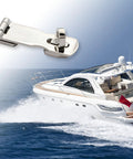 Close-up of marine-grade stainless steel boat door latch with locking mechanism