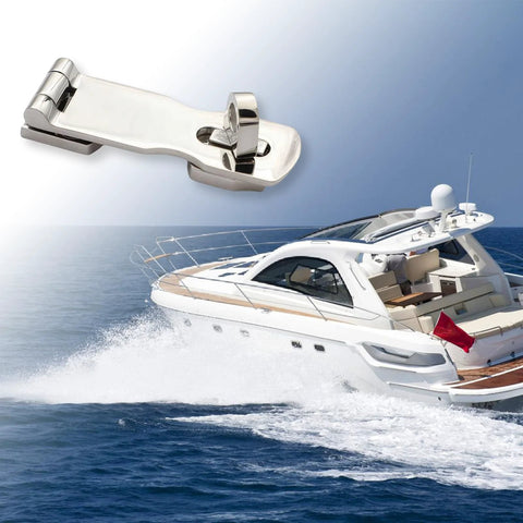 Close-up of marine-grade stainless steel boat door latch with locking mechanism