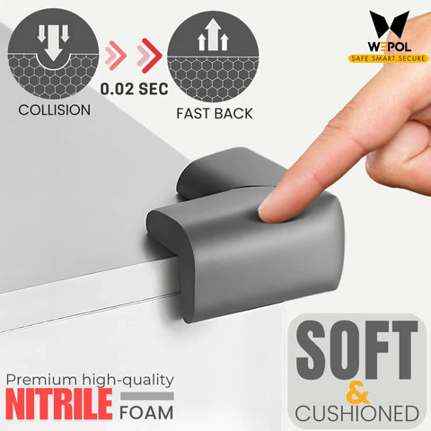 Soft Foam Corner Protectors For Babies And Kids With Pre Taped Adhesive To Shield Sharp Table Edges And Bed Frames Keeping Your Little Munchkins Totally Safe And Secure In Sleek Matte Black Four Pack on a furniture edge.