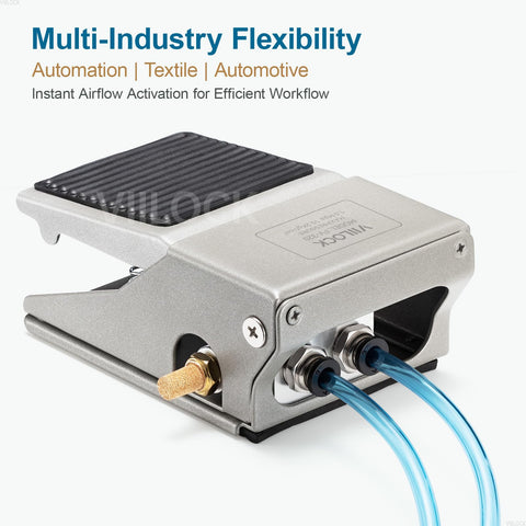 Industrial Pneumatic Foot Pedal Valve Kit One Quarter Inch NPT Three Way Two Position Momentary Foot Switch Nonslip Control FV320 Built Tough For Real World Fluid Power Jobs shown with labeled features and tubing connections.