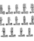 14-piece silver hydraulic tee fitting set, front view, with capped valves and chains for construction machinery.