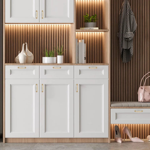 Modern kitchen with 20 Pack 3-3/4 Inch Champagne Bronze Kitchen Cabinet Handles, Solid Zinc Alloy Cabinet Pulls on white cupboards.