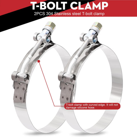 2 stainless steel T-bolt clamps suitable for 4 Inch ID 4-Ply Straight Silicone Hose Coupler 12 Inch Long 5mm Thickness, ideal for turbo setups.