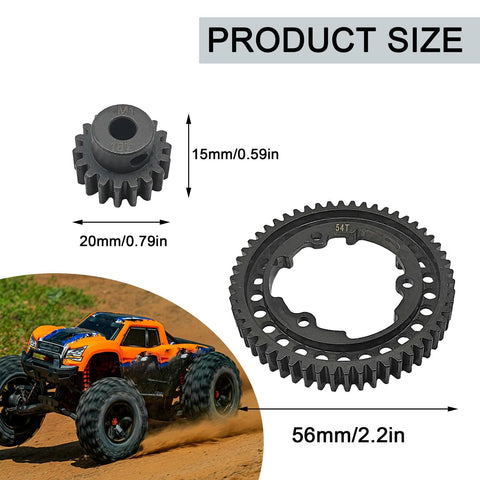 Beefy Hardened Steel 54T Spur Gear 1 Mod And 18T Pinion Upgrade Kit with size details for Traxxas RC cars