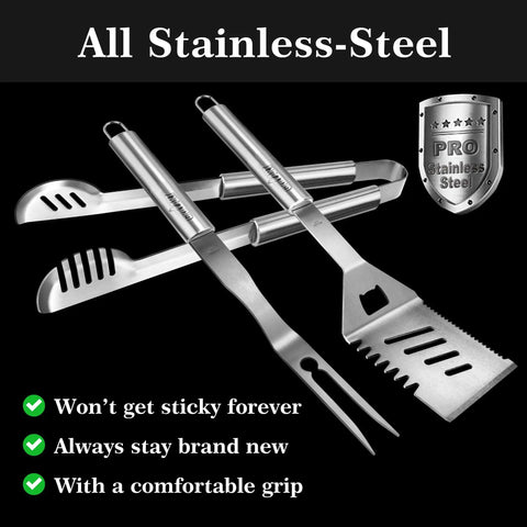 Pro Grade Stainless Grill Tools Set 3 Piece BBQ Utensils Spatula Tongs Fork With Insulated Glove Built For Outdoor Grillin Rubber Free Design Keeps Handles From Getting Sticky Durable All Stainless Steel Gear