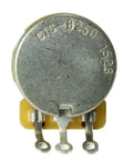 Top view of Metric B250K Linear Split Shaft Potentiometer For Guitars 250K Ohm Linear Taper with brass shaft and coarse spline