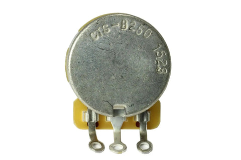 Top view of Metric B250K Linear Split Shaft Potentiometer For Guitars 250K Ohm Linear Taper with brass shaft and coarse spline
