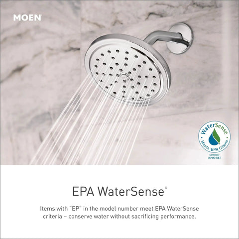 Weymouth M Core 2 Series One Handle Tub And Shower Trim Kit Slick Chrome Finish showerhead with water spray pattern.