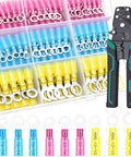All-In-One 125 Pcs Heat Shrink Ring Wire Connectors With Crimping Tool Waterproof Automotive And Marine Electrical Terminal Kit Insulated Crimp Connectors For No-Fuss Quick Wiring On Any Project with visible assortment of red, blue, yellow connectors and crimp tool