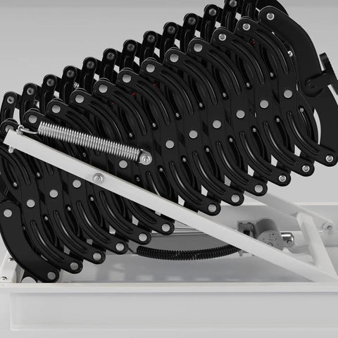 Heavy Duty Electric Attic Ladder With Remote Control, 13 Step Folding Loft Stairs, close-up of black folding mechanism and spring.
