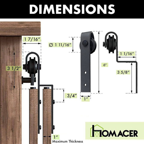 Dimensions of Mini Black Rustic Sliding Barn Door Hardware Kit Bypass For Two Doors With 30 Inch Flat Track And One Bent Roller