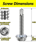 Self Drilling Screws For Metal With Hex Washer Head, Size Eight By One And A Half Inches, 410 Stainless Steel Magnetic Built Tough Heavy Duty High Strength Self Tapping Tek Screws dimensions