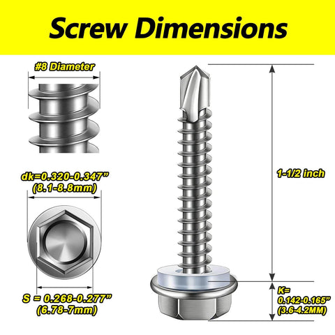 Self Drilling Screws For Metal With Hex Washer Head, Size Eight By One And A Half Inches, 410 Stainless Steel Magnetic Built Tough Heavy Duty High Strength Self Tapping Tek Screws dimensions