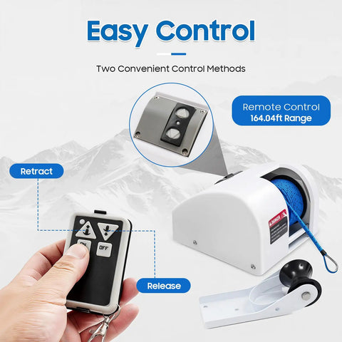 Get Your 25 LBS Electric Anchor Winch With Wireless Remote For Boats In Saltwater! Durable control remote and winch setup.