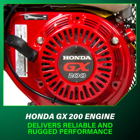 Close-up of red Honda GX200 engine on The Tank XL 9-Gallon Gas Wheelbarrow Air Compressor with durable construction.