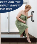 Heavy Duty 12 Inch Black Metal Handrails for Indoor and Outdoor Safety, Sturdy Grab Bars for Elderly With 440 Lb Load Capacity, positioned by a woman stepping into a shower.