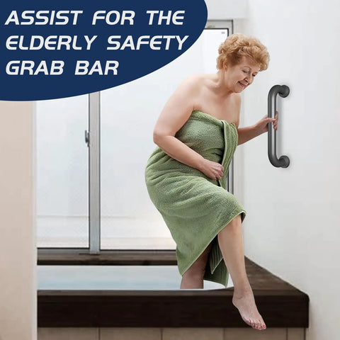 Heavy Duty 12 Inch Black Metal Handrails for Indoor and Outdoor Safety, Sturdy Grab Bars for Elderly With 440 Lb Load Capacity, positioned by a woman stepping into a shower.
